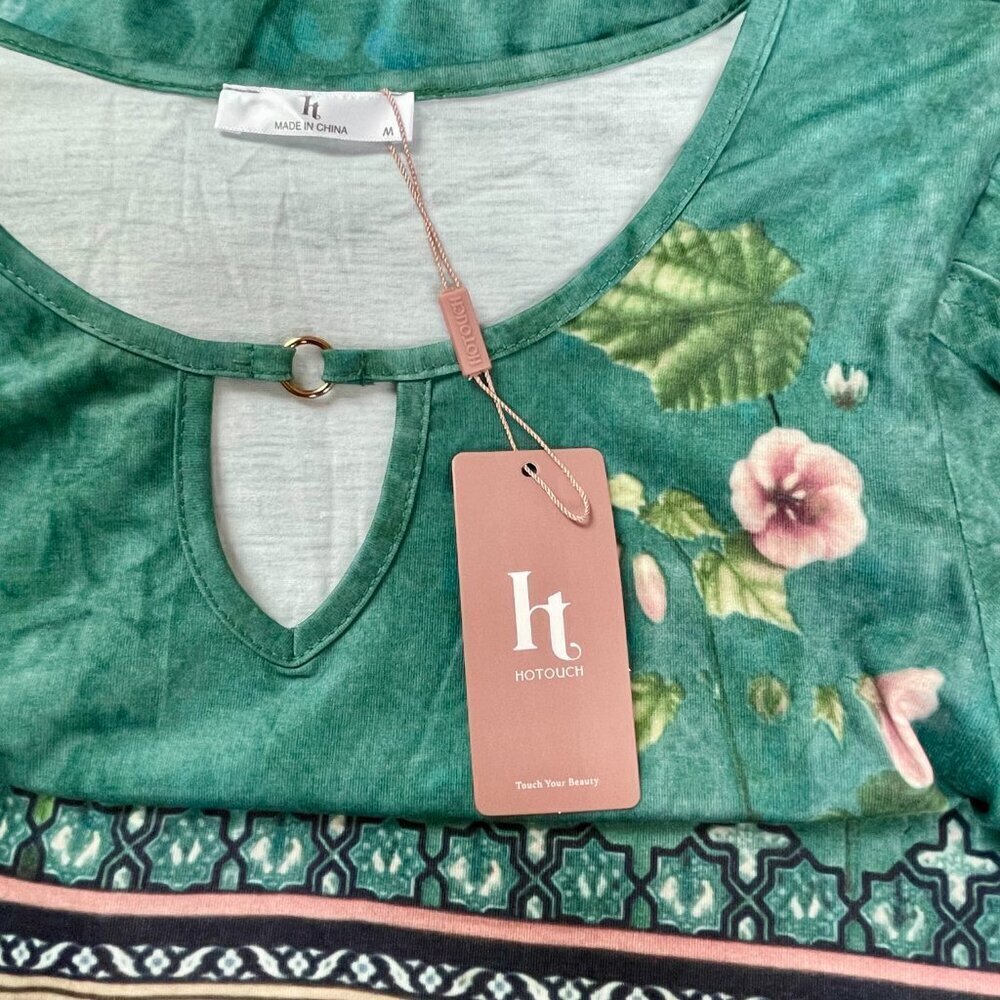 Hotouch Green Floral Fairycore Shift Dress Keyhole Neck Flutter Sleeves M - Picture 8 of 15